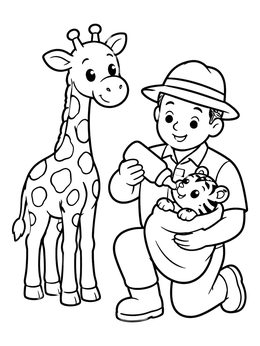 A friendly zoo coloring page with a keeper feeding a baby tiger beside a cute giraffe.