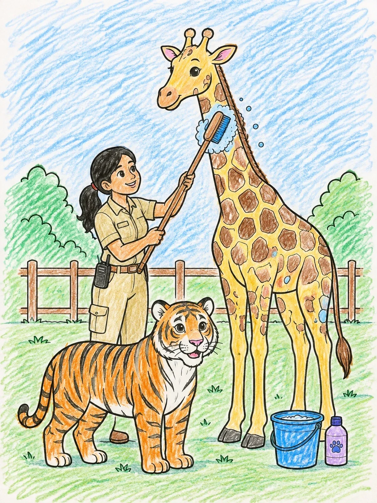 Colored example of the Zookeeper Washing Giraffe Beside Tiger coloring page