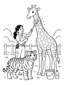 A friendly zookeeper washes a tall giraffe next to a tiger in this zoo coloring page.