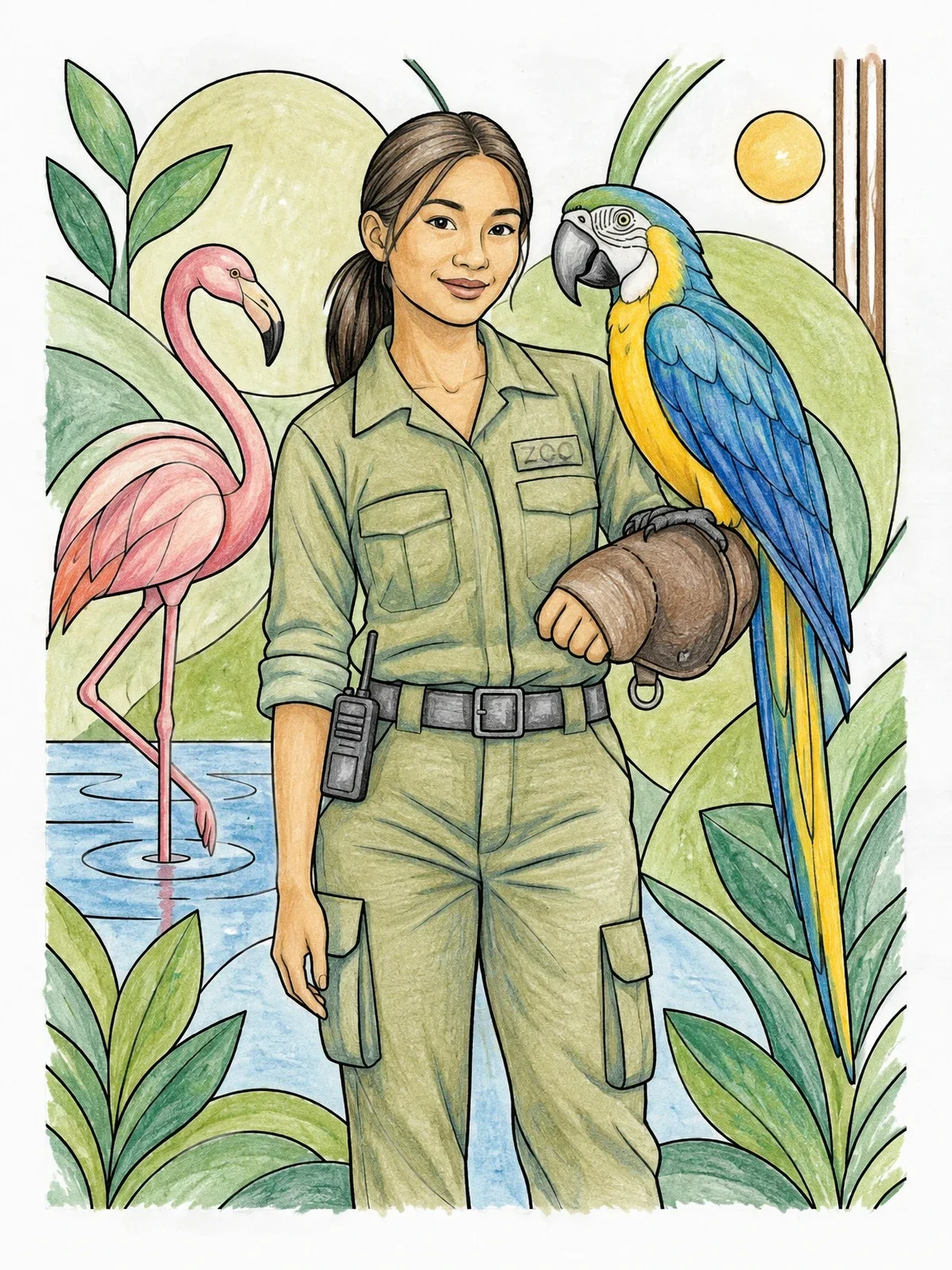 Colored example of the Zookeeper With Parrot And Flamingo coloring page