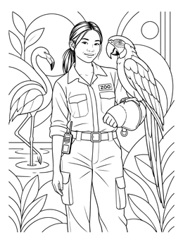 A smiling keeper holding a macaw in this zoo coloring page featuring a flamingo.
