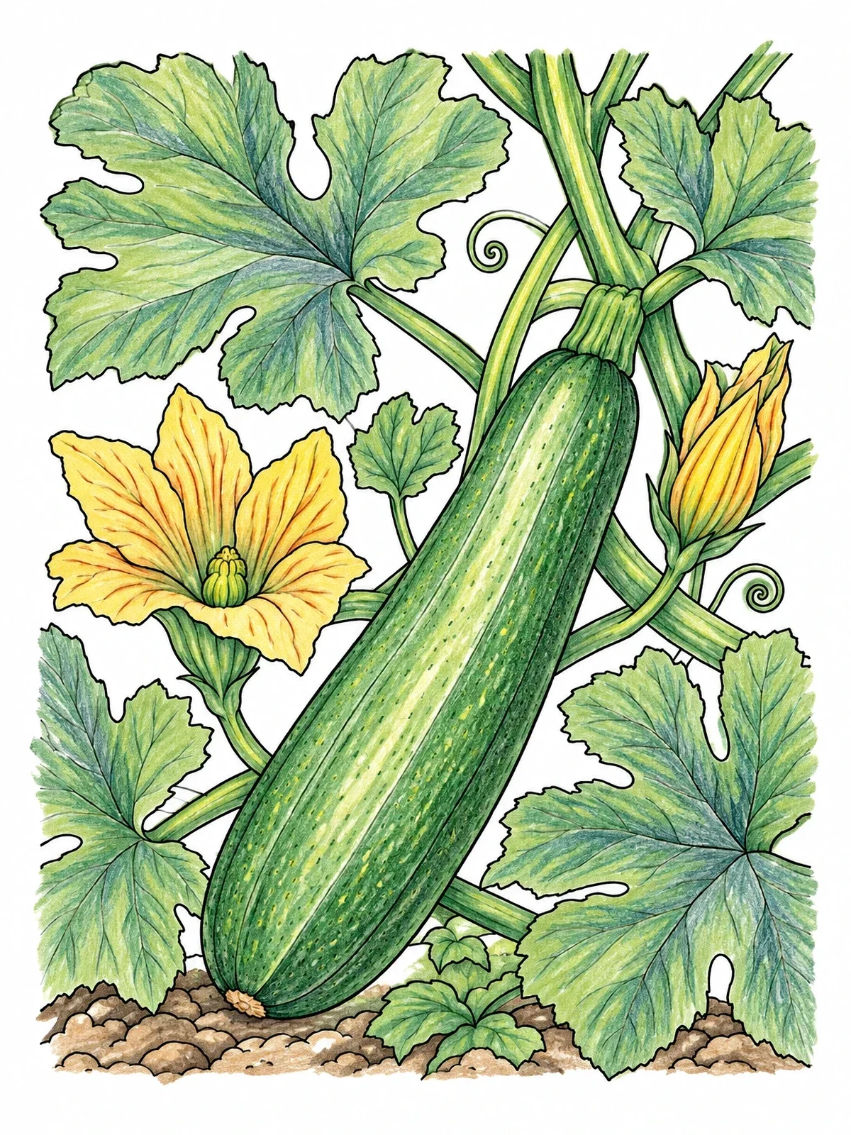 Colored example of the Zucchini Growing On Garden Vine coloring page