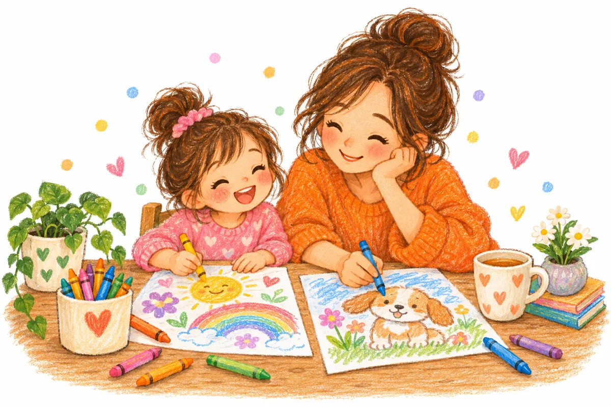 A parent and a child coloring together at a table