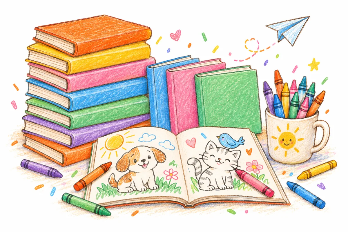 A stack of colorful coloring books with crayons