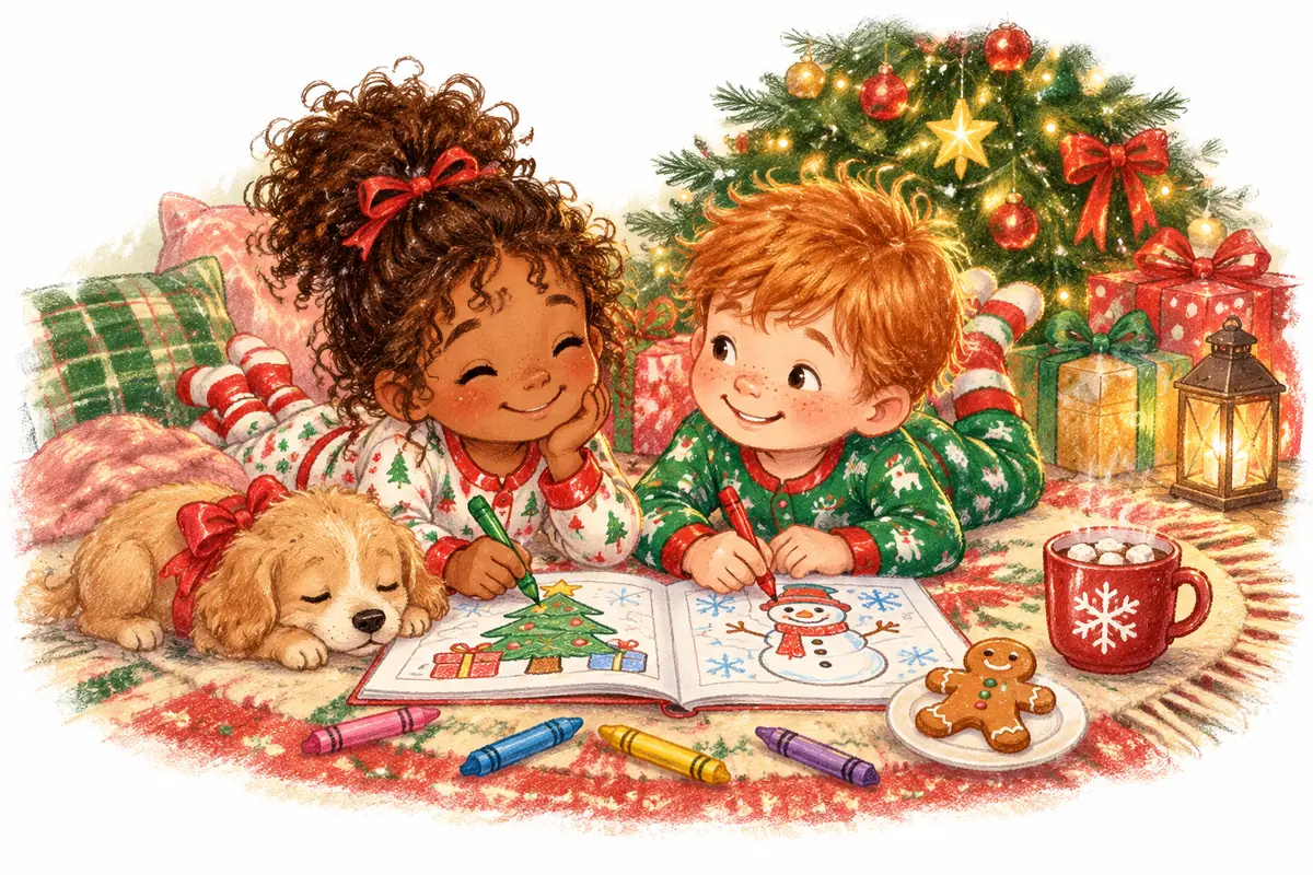 Two kids in pajamas coloring a Christmas coloring book next to a Christmas tree, with a sleeping puppy, hot cocoa and a gingerbread cookie