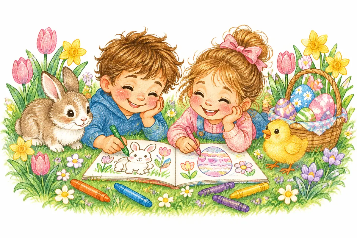 Two kids coloring an Easter coloring book in the grass, a bunny, a basket with decorated eggs, a yellow chick, tulips and daffodils