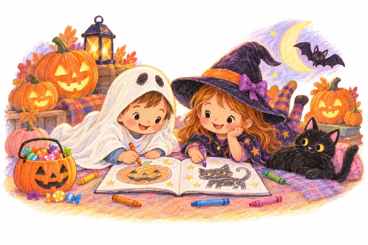 Two kids in ghost and witch costumes coloring a Halloween coloring book with pumpkins, a black cat and a bat