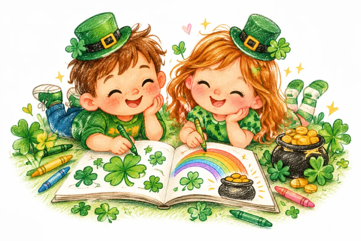 Two kids with small green hats coloring a St. Patrick's Day coloring book with shamrocks and a rainbow, a pot of gold and four-leaf clovers