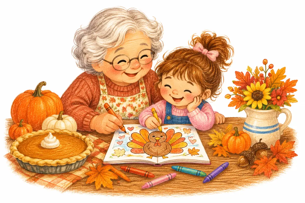 A grandmother and a young girl coloring a Thanksgiving coloring book with a turkey at a wooden table, with a pumpkin pie, small pumpkins, acorns and fall leaves