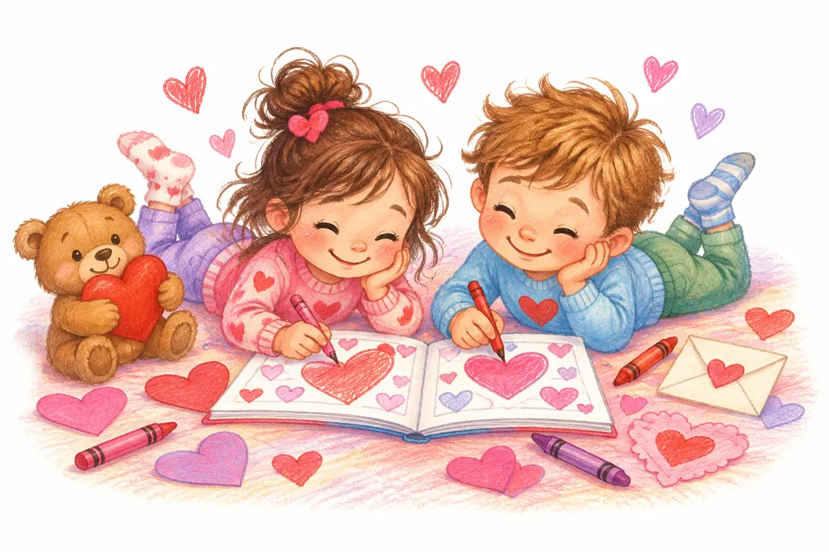 Two kids coloring a Valentine coloring book with hearts on the floor, with a teddy bear hugging a heart, paper hearts and an envelope with a heart seal