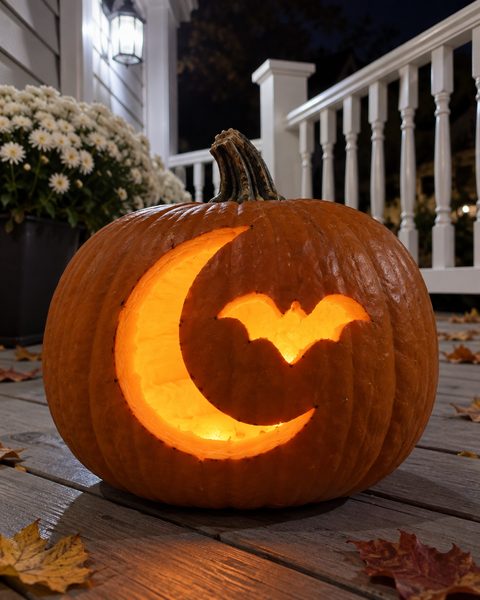 Bat and Crescent Moon carved pumpkin