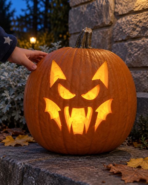 Fierce Winged Bat Face carved pumpkin