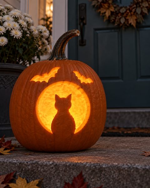 Cat and Bats on the Moon carved pumpkin