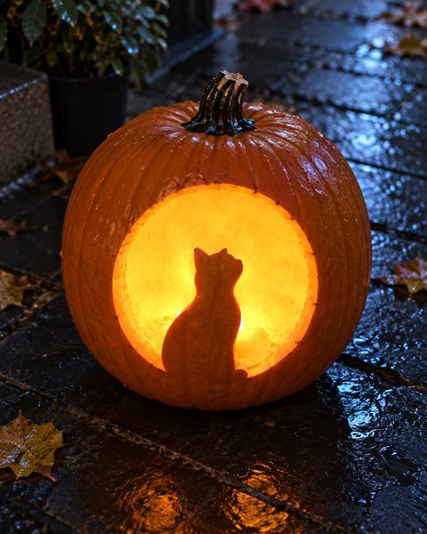 Cat on Full Moon carved pumpkin