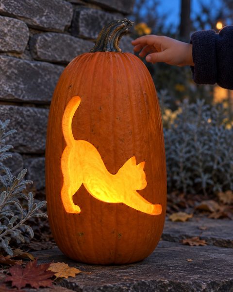 Playful Stretching Kitty carved pumpkin