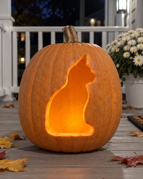Sitting Cat with Curled Tail carved pumpkin