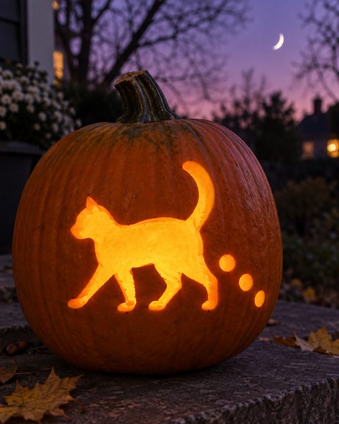 Walking Cat and Pawprints carved pumpkin