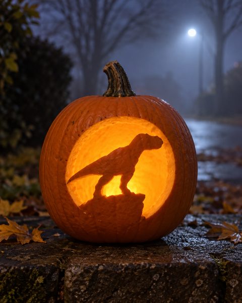 T-Rex Cliff Roar carved pumpkin