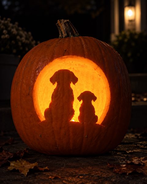 Dog Pair Moon Window carved pumpkin