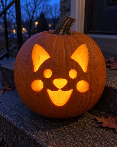 Smiling Corgi Face carved pumpkin