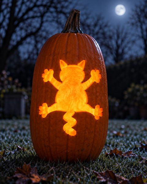 Splatted Cartoon Cat carved pumpkin