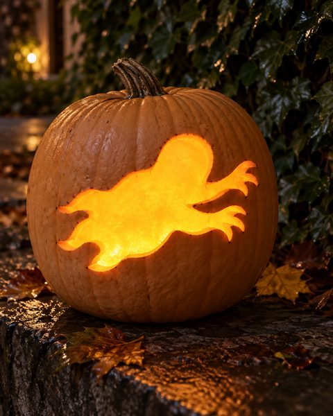 Dashing Spooky Phantom carved pumpkin