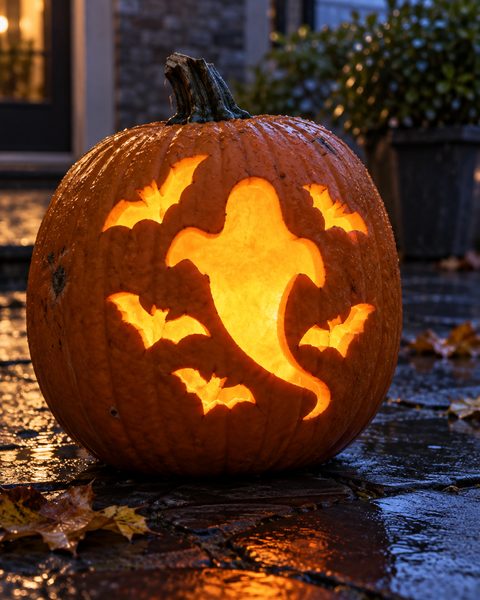 Flying Ghost and Bats carved pumpkin