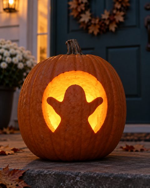 Ghost in Full Moon carved pumpkin
