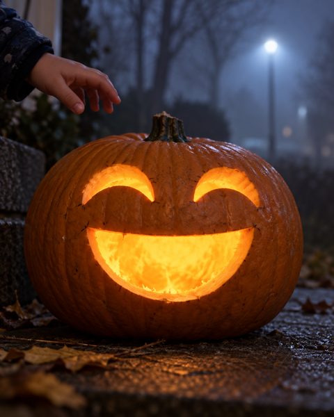 Happy Smiling Ghost Face carved pumpkin