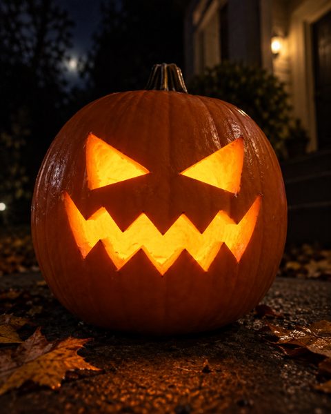 Jagged Spooky Ghost Face carved pumpkin