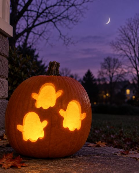 Trio of Little Ghosts carved pumpkin