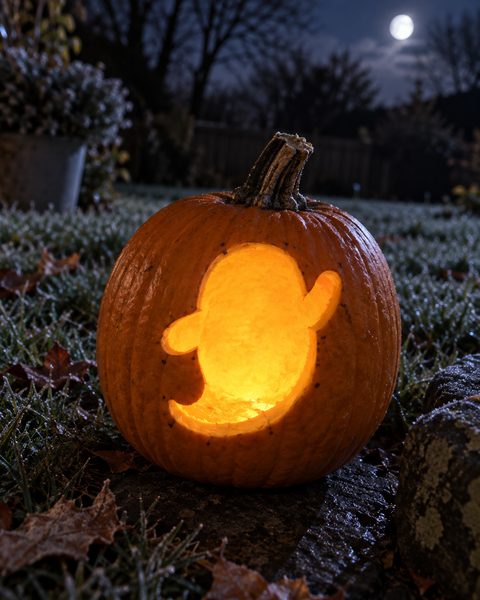 Waving Baby Ghost carved pumpkin