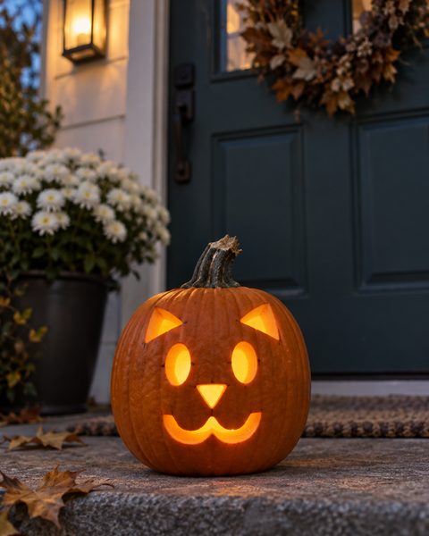 Friendly Kitty Face carved pumpkin