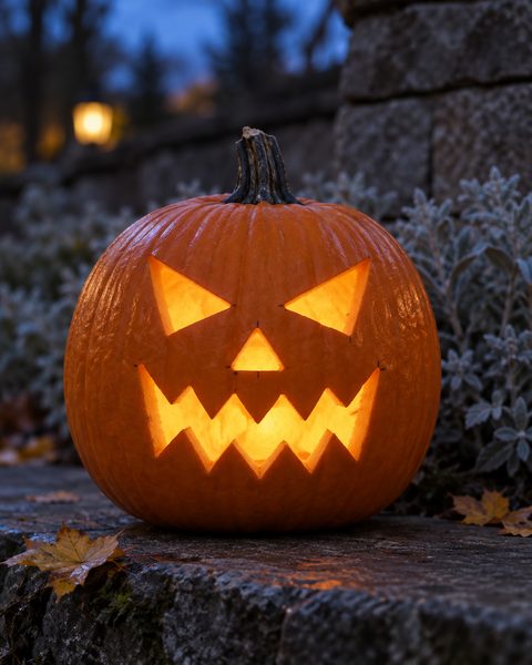 Scary Slanted Grin carved pumpkin