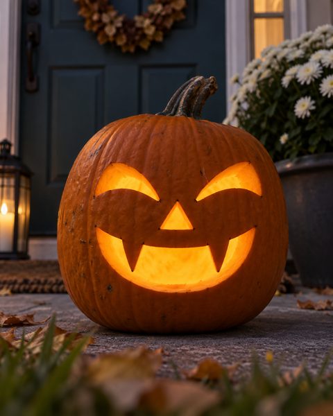 Vampire Fangs Grin carved pumpkin
