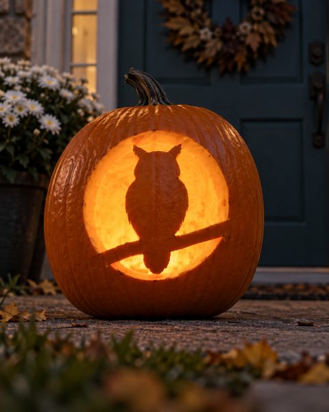 Horned Owl Moon Window carved pumpkin