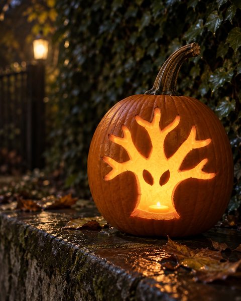 Haunted Tree in Moon carved pumpkin