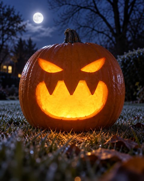 Sinister Demon Grimace carved pumpkin