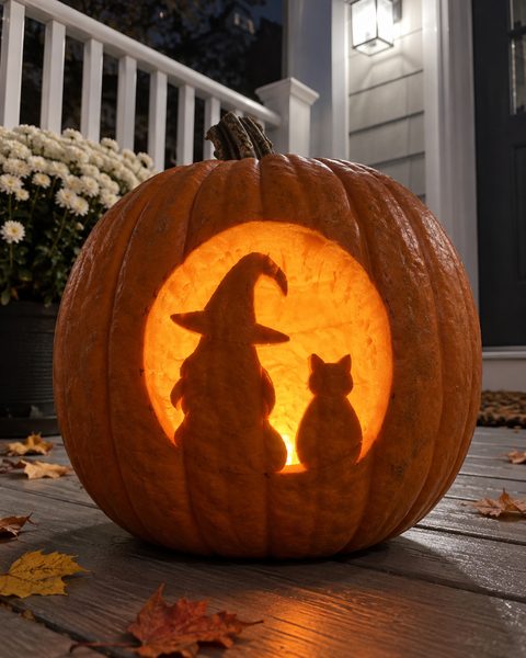 Witch and Cat Moon carved pumpkin