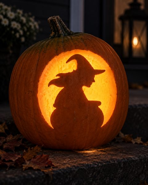Witch at Cauldron Moon carved pumpkin