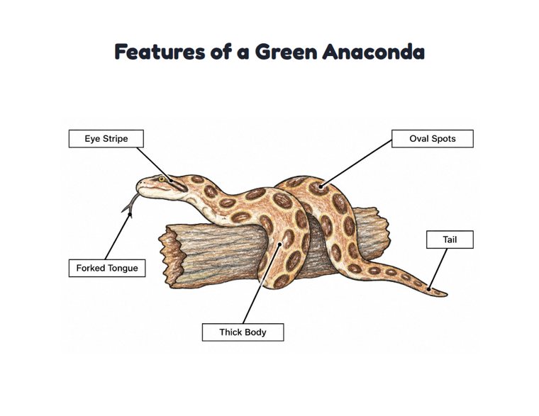 Features of a Green Anaconda worksheet (Medium, Grades 1–2)