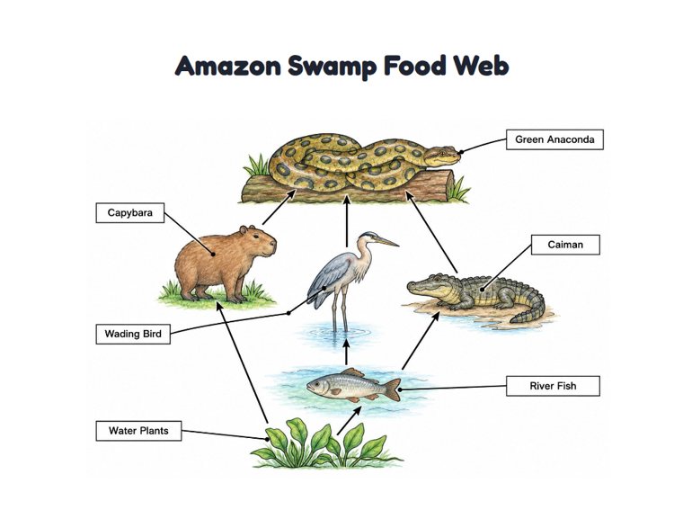 Amazon Swamp Food Web worksheet (Hard, Grades 3–4)