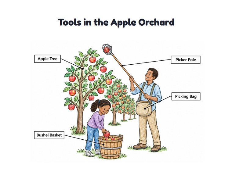 Tools in the Apple Orchard worksheet (Medium, Grades 1–2)