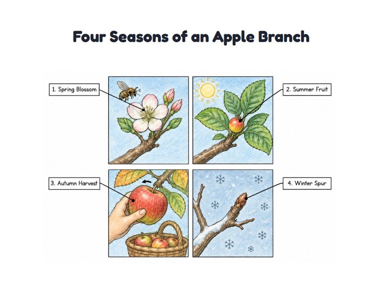 Four Seasons of an Apple Branch worksheet (Hard, Grades 3–4)