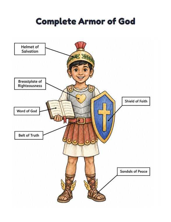Complete Armor of God worksheet (Hard, Grades 3–4)