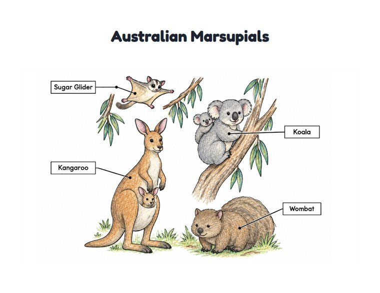 Australian Marsupials worksheet (Medium, Grades 1–2)