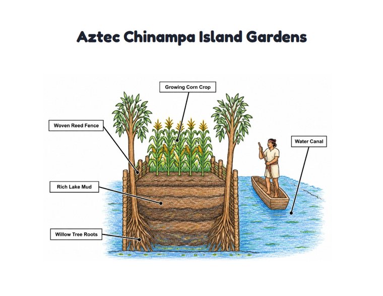 Aztec Chinampa Island Gardens worksheet (Medium, Grades 1–2)