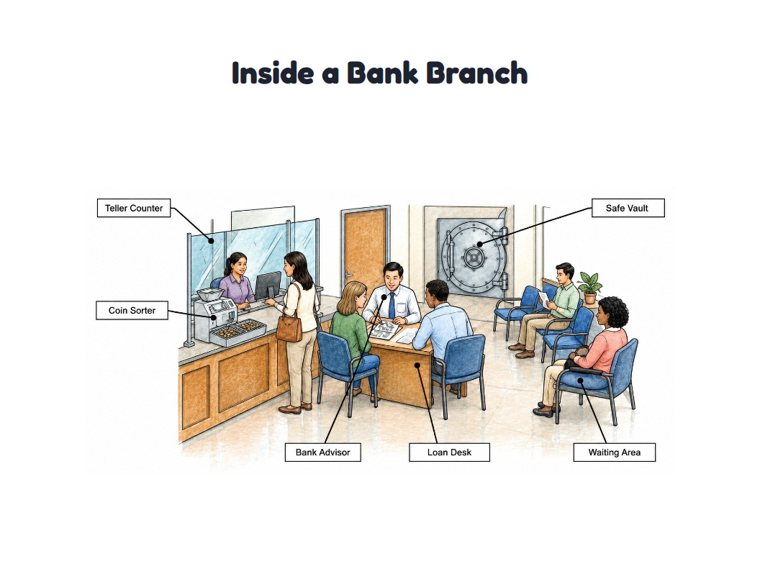 Inside a Bank Branch worksheet (Hard, Grades 3–4)