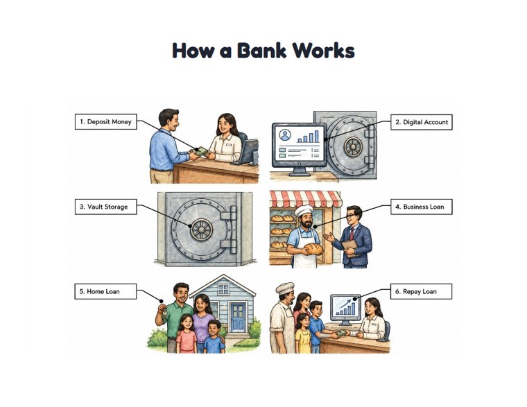 How a Bank Works worksheet (Hard, Grades 3–4)