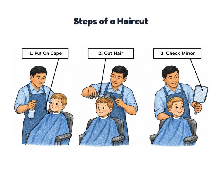 Steps of a Haircut worksheet (Medium, Grades 1–2)